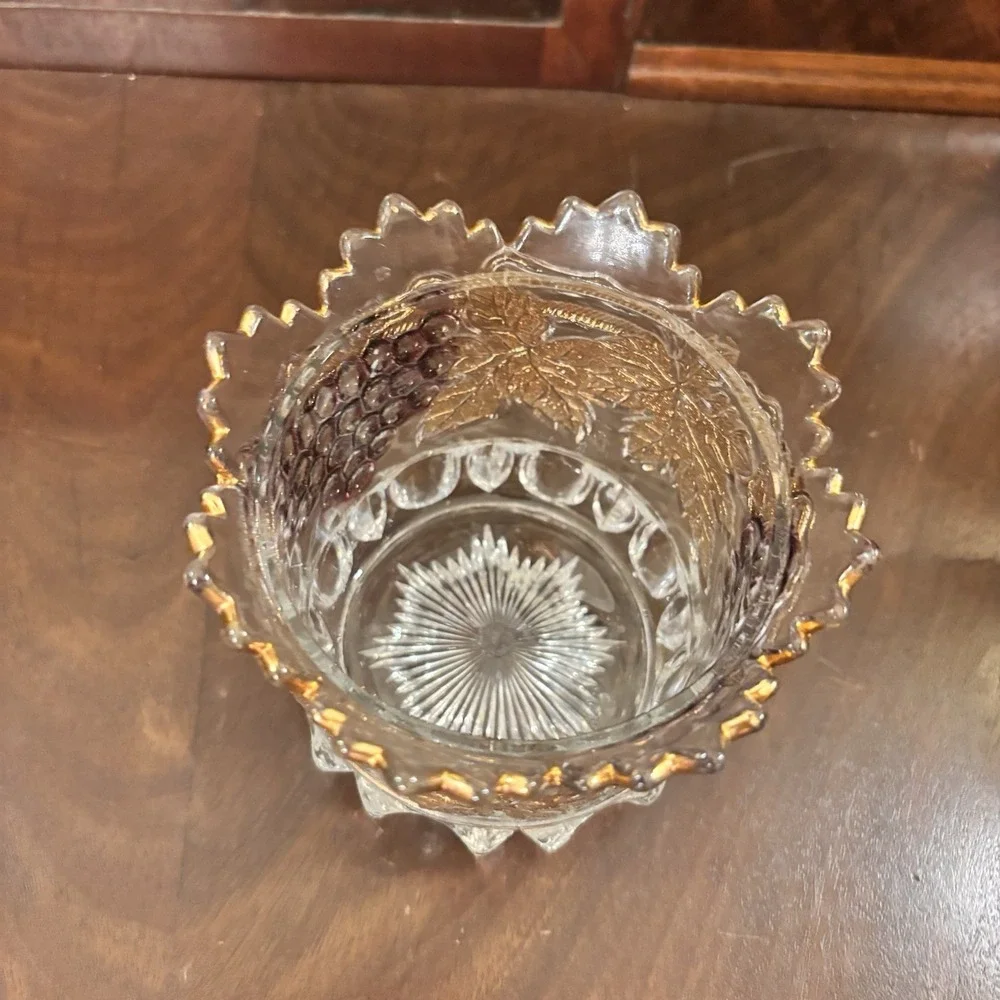 Vintage Mosser Glass Grape Covered Sugar Bowl Purple Grapes Gold Trim Candy Dish